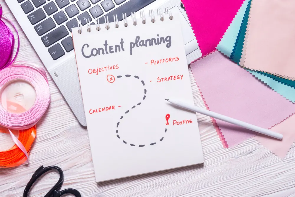 A notepad headed Content planning, showing objectives, platforms, strategy and calendar.